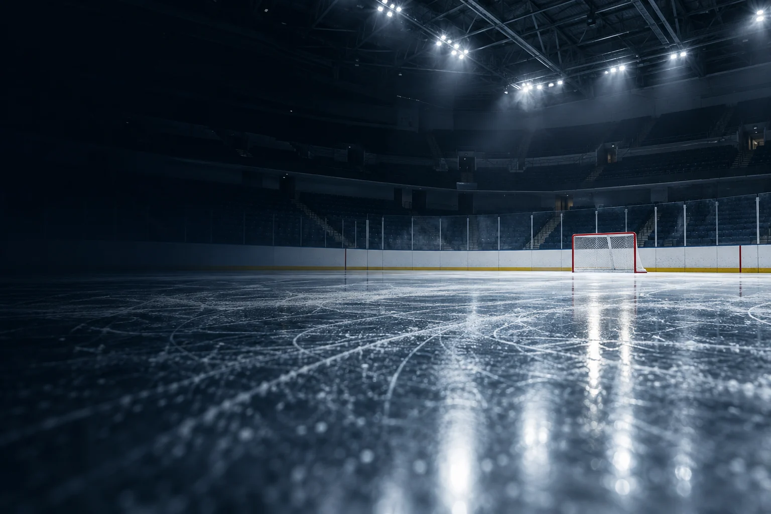 An empty ice hockey arena, with a red goal under bright rink lights.