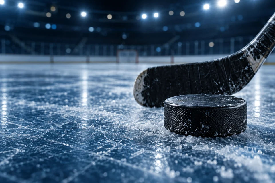 A black hockey puck and taped stick blade resting on scratched ice.